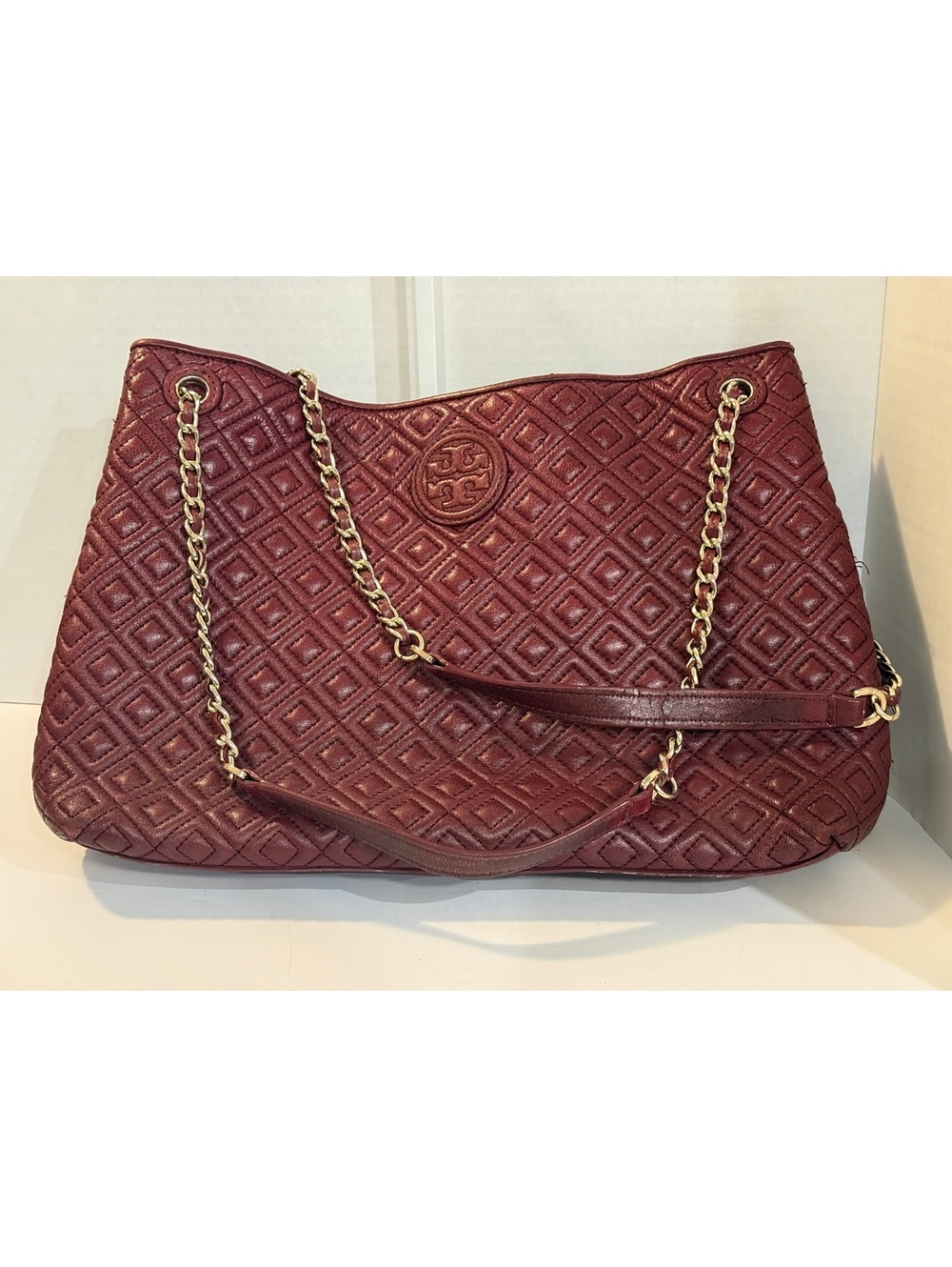 Tory Burch burgundy quilted leather shoulder bag